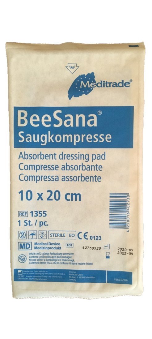 30 Stück Saugkompressen steril BEESANA® 10 cm x 20 cm weiß/blau - 1355