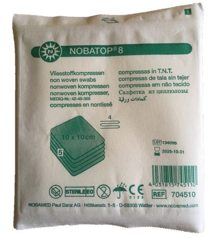 125 Stück Vlieskompressen steril 4-lagig NOBATOP® 8 von Nobamed 10 cm x 10 cm - 704510
