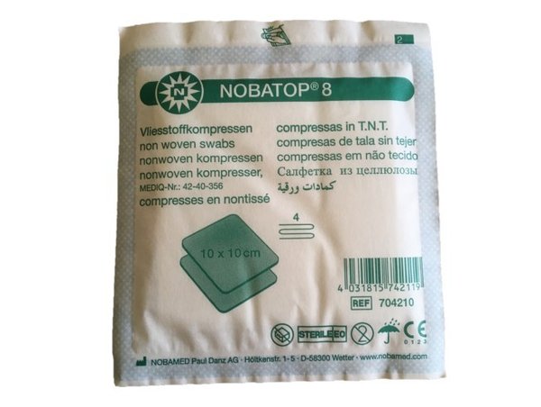 100 Stück Vlieskompressen steril 4-lagig NOBATOP® 8 von Nobamed 10 cm x 10 cm - 704210